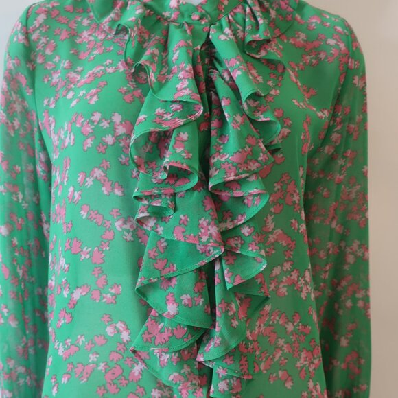 Womens Misa Los Angeles Green, Pink Floral Print Ruffle Button Down Blouse M - Picture 3 of 6